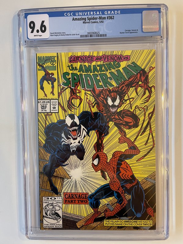 Amazing Spider-Man #362 CGC 9.6; Marvel Comics; 2nd App of Carnage; Bagley Key