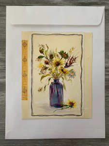 HAPPY FATHERS DAY Sunflowers in Blue Glass vase 6.5x8 Greeting Card Art FD7664