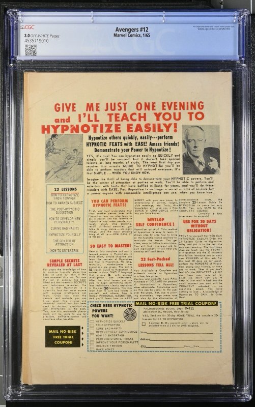 Avengers 12 Cgc 3.0 Marvel 1965 Ow Pages