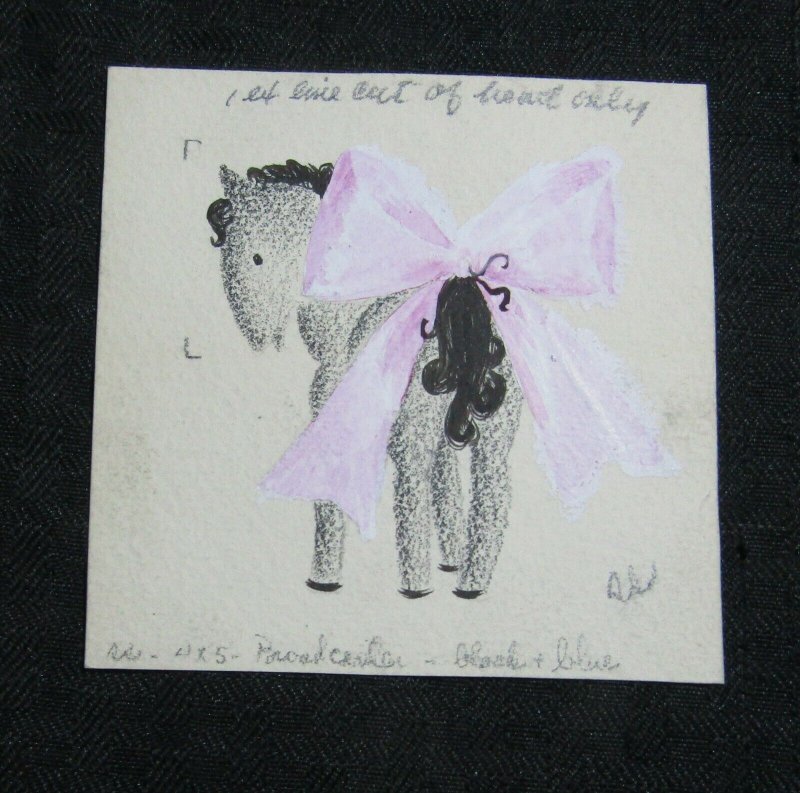 HAPPY BIRTHDAY Grey Horse with Pink Bow 3.75x3.75 Greeting Card Art #6837