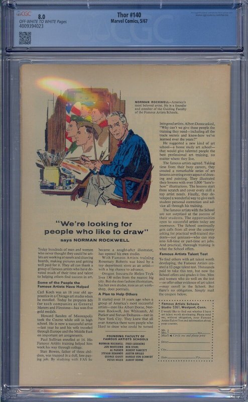 THOR #140 CGC 8.0 1ST GROWING MAN KANG JACK KIRBY