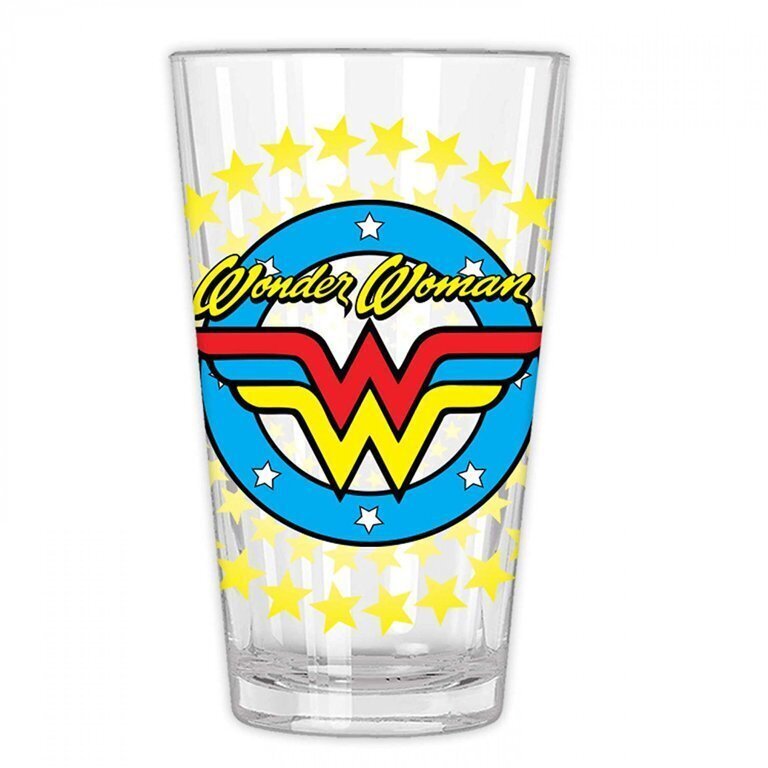 WONDER WOMAN 16OZ GLASS | 1980S LOGO | CLASSIC COMIC STAR BURST | NEW IN BOX