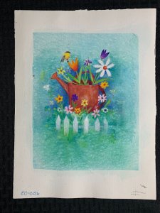 THE EARTH LAUGHS Bird Flowers Watering Can & Fence 9x12 Greeting Card Art #0156