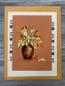 MANY HAPPY WISHES Flowers & Cattails in Clay Pot 7.5x10 Greeting Card Art B8808