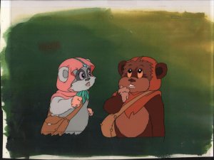 Star Wars: Ewoks Animation Cell Over Xeroxed Background - Wicket & Kneesaa Think