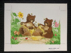 BIRTHDAY Bear Cubs Playing w/ Honey Bees Ladybug 8.5x6 Greeting Card Art #12234