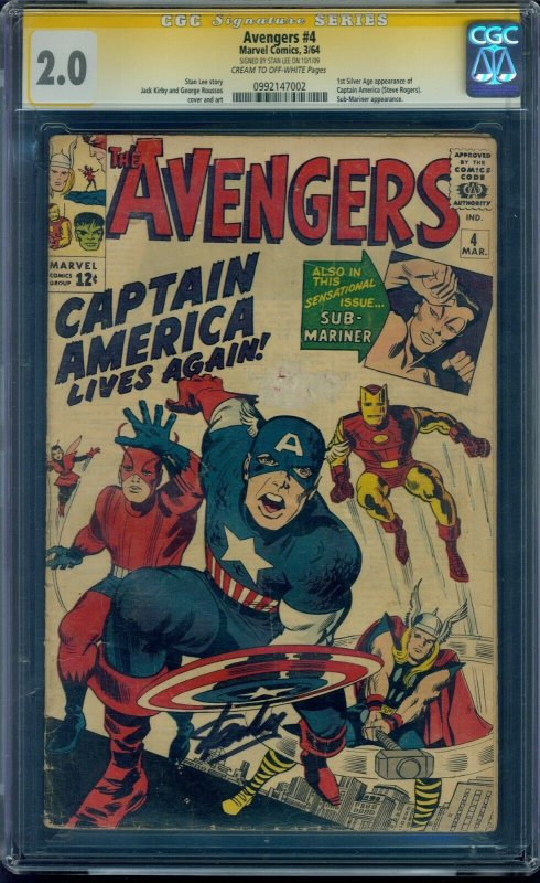 Avengers #4 the 1st Silver Age Captain America CGC 2.0 SS Signed by Stan Lee!