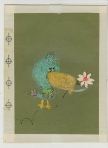 GET WELL SOON Cartoon Bird w/ Fabric Flower 6.5x8.5 Greeting Card Art #C8649