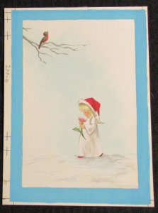 CHRISTMAS Cute Angel Girl w/ Flower & Bird 6.75x9 Greeting Card Art #2006