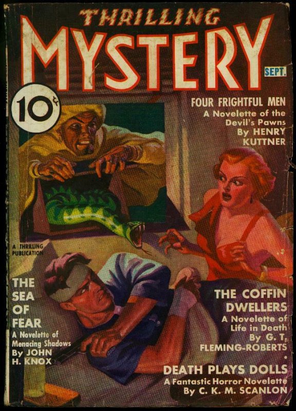 Thrilling Mystery Pulp September 1937- Weird Menace snake torture- John Knox VG