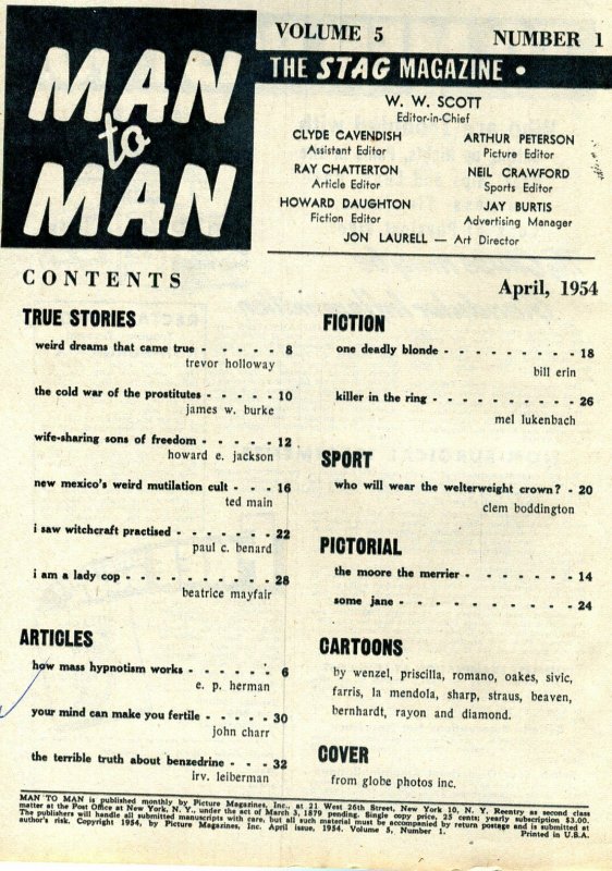Man to Man Magazine April 1954- Cleo Moore- Mexican crucifixion