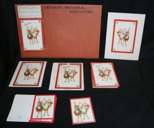 Original Christmas Greeting Card Art LOT - Friends.. Candy Cane Reindeer w Angel