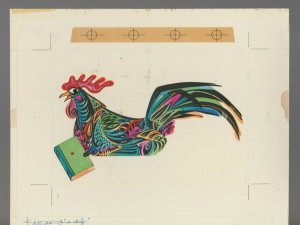 COLORFUL ROOSTER with Book 9.25x7.25 Greeting Card Art #6642