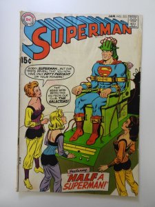Superman #223 VG- condition stain front cover, 1/2 spine split