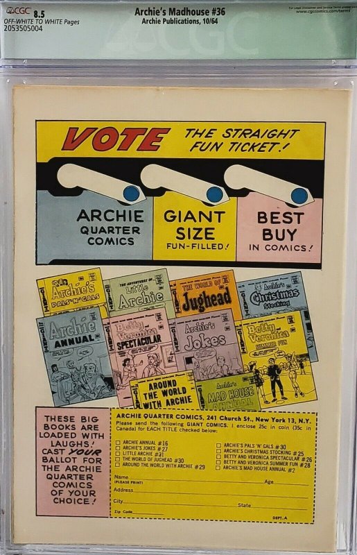 ARCHIE'S MADHOUSE #36 CGC 8.5 SABRINA STORY HIGHEST GRADED