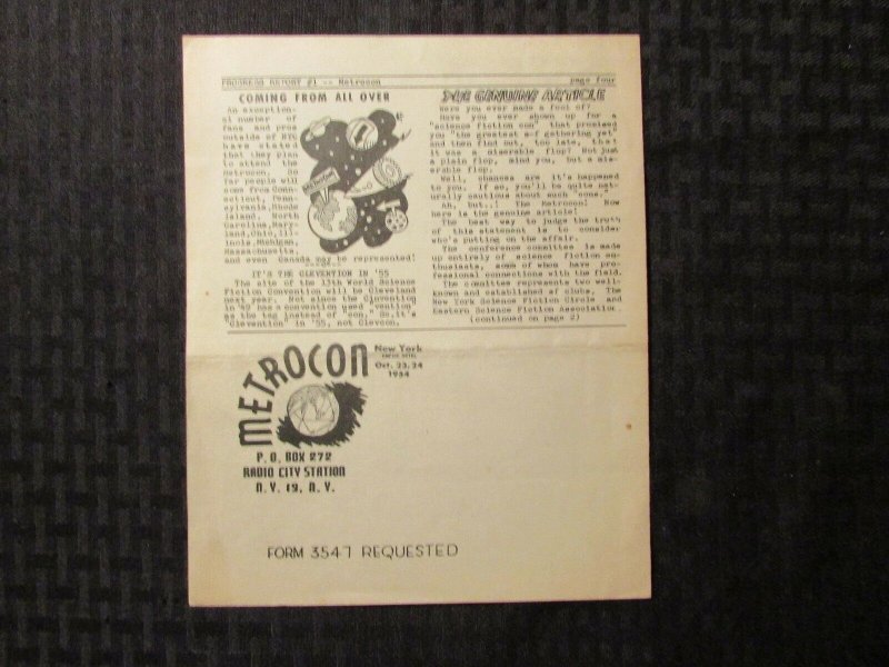 1954 METROCON Convention Progress Report #1 VG/FN 5.0 Hamilton Brackett 4pgs