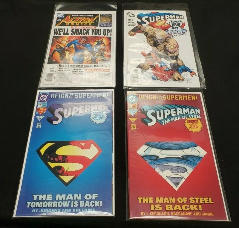 SUPERMAN 4PC (VF/NM) THE MAN OF STEEL IS BACK, SUPER? HAH! NOT ANYMORE 1993-2006