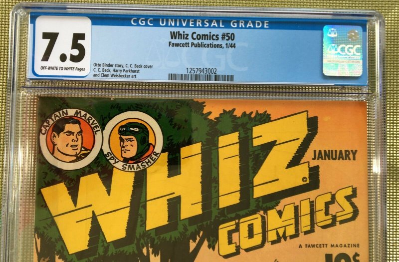 WHIZ COMICS #50 CGC 7.5 -- O/W to WHITE PAGES! C.C. BECK! CAPTAIN MARVEL SHAZAM!