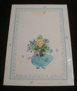 BIRTHDAY Cute Blonde Girl w/ Blue Potted Flowers 8x11.5 Greeting Card Art #8679