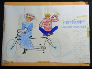 HAPPY BIRTHDAY Cartoon Couple Riding Bicycle 18x12 Greeting Card Art #B0809 