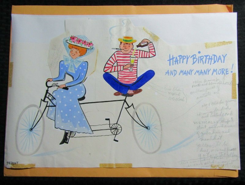 HAPPY BIRTHDAY Cartoon Couple Riding Bicycle 18x12 Greeting Card Art #B0809