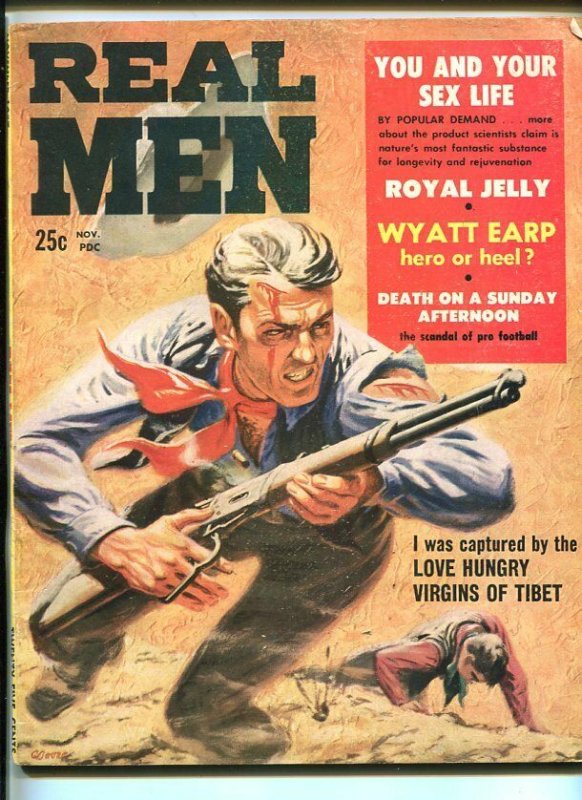 REAL MEN-NOV 1957-PULP VIOLENCE-DOORE-WYATT EARP-OK CORRAL-vg/fn