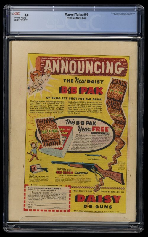 Marvel Tales (1949) #93 CGC VG 4.0 White Pages Marvel Mystery Comics!