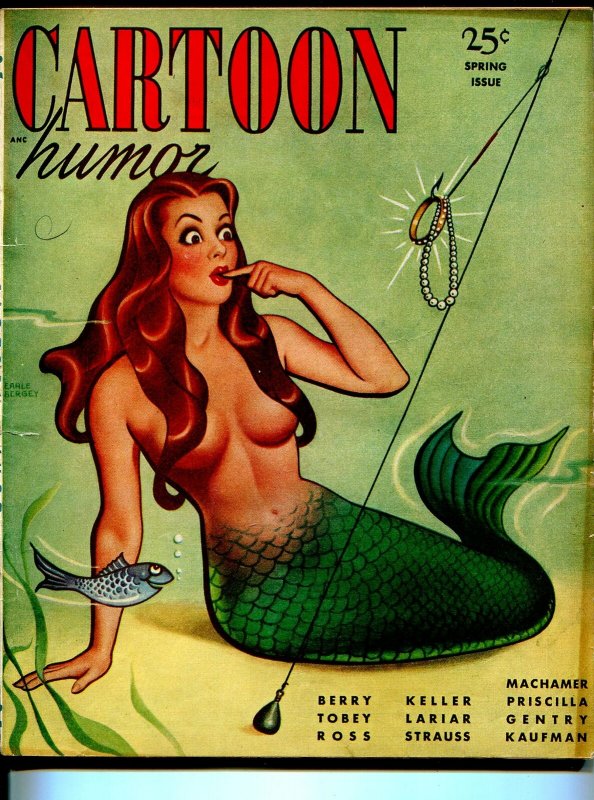 Cartoon Humor-Spring 1949-mermaid cover-Earle Bergey-Machamer-cartoons-Tobey-FN