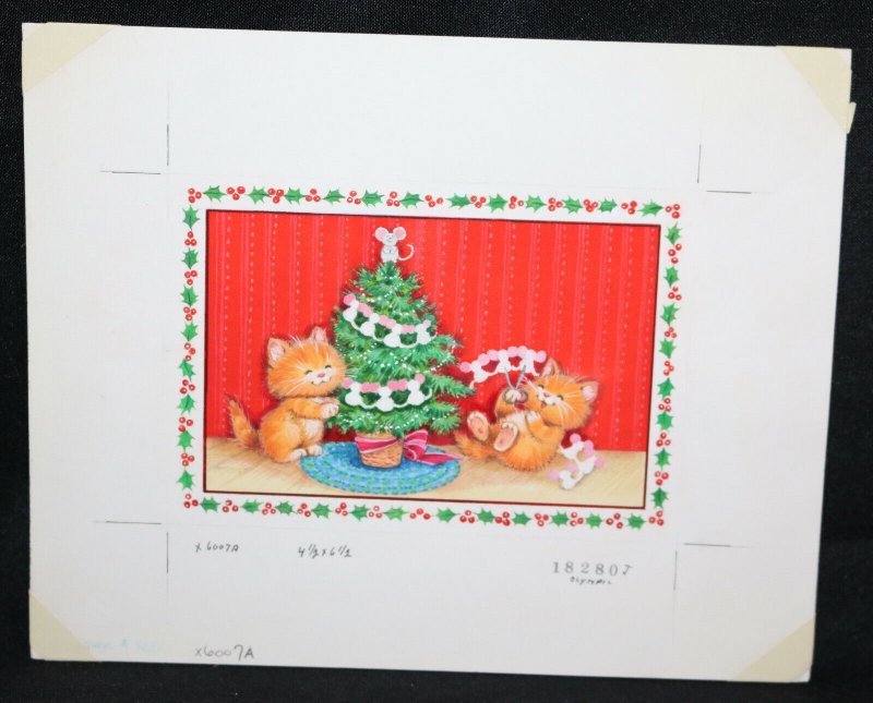 Kittens Decorating X-Mas Tree Original Christmas Greeting Card Painted Art