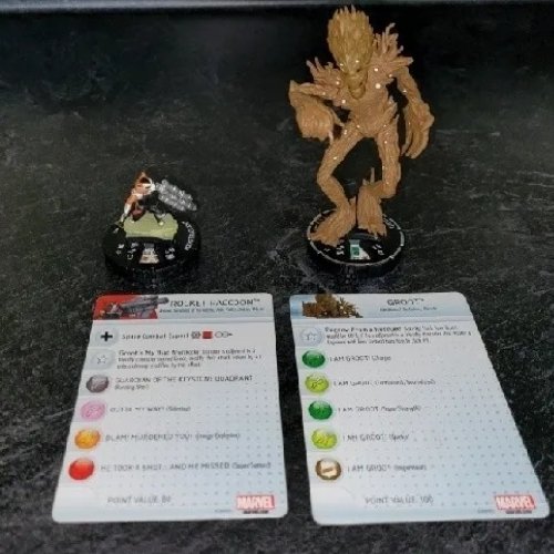 Heroclix Guardians of Galaxy set Groot #051 & Rocket Raccoon Super Rare W/ Cards