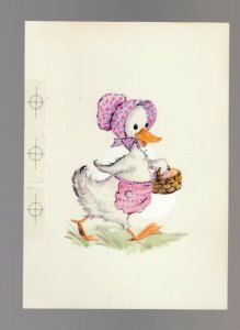 EASTER Cute Duck w/ Bonnet Apron & Egg Basket 5x7 Greeting Card Art #E2428