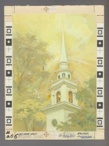 HAPPY EASTER Church Steeple w/ Doves & Sunrays 6x8.25 Greeting Card Art #E2522