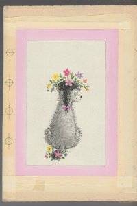 HAPPY BIRTHDAY Cute Grey Dog w/ Flowers in Hair 6.25x9 Greeting Card Art #B1504