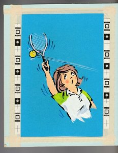 HAPPY BIRTHDAY Cute Woman Playing Tennis 7.5x9.5 Greeting Card Art #B8758