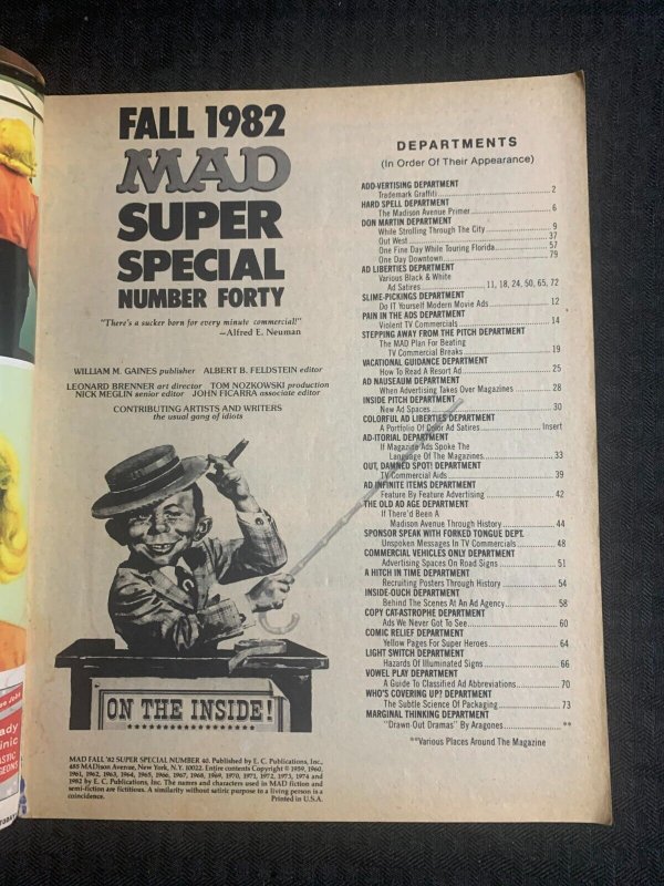 1982 Fall MAD SUPER SPECIAL Magazine #40 VG 4.0 Look at Madison Avenue 92pgs