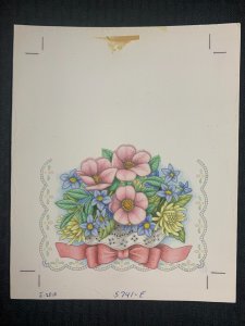 BLANK NOTE Yellow & Blue Flowers w/ Pink Ribbon 8x9.5 Greeting Card Art #2010