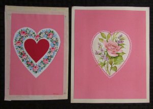 VALENTINES Hearts w/ Pink Roses 7.5x9.5 Greeting Card Art LOT of 2 #3671V3718