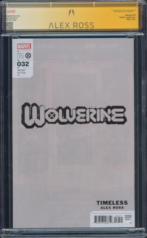 Wolverine #32 CGC 9.8 SS Alex Ross Signed Timeless Rhino Custom Label 4001 2023