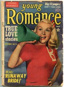Young Romance #14 1949- Barbara Bates Cheerleader cover- Runaway Bride POOR