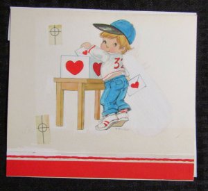 VALENTINES Cute Boy in Baseball Uniform w Hearts 7x6.5 Greeting Card Art #V3253