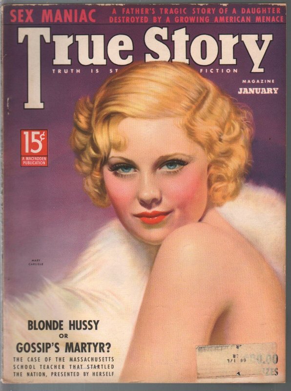 True Story 1/1938-Mary Carlisle-Victor Tchechet-exploitation-comic art-pulp t...