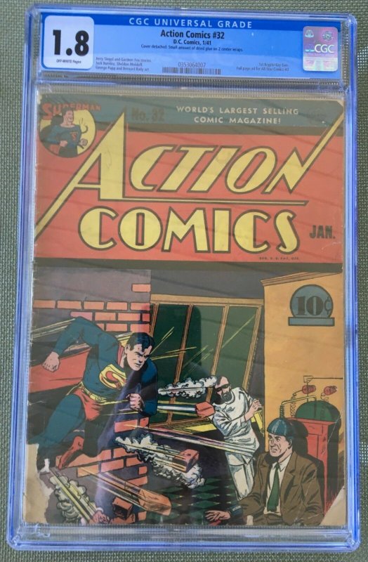 Action Comics #32 (1941) CGC 1.8 -- 1st Krypto Ray Gun! Jerry Seigel Gardner Fox