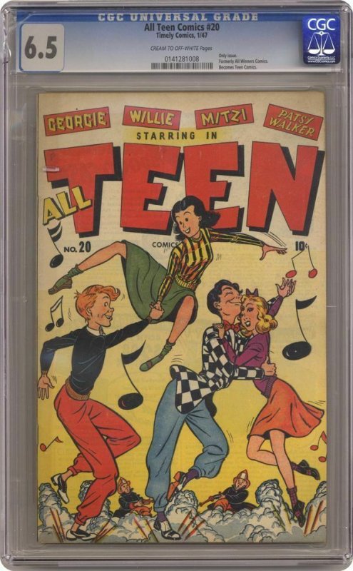 VTG 1947 All Teen Comics #20 Only CGC 6.5 FN+ Issue Formerly All Winners Cracked 