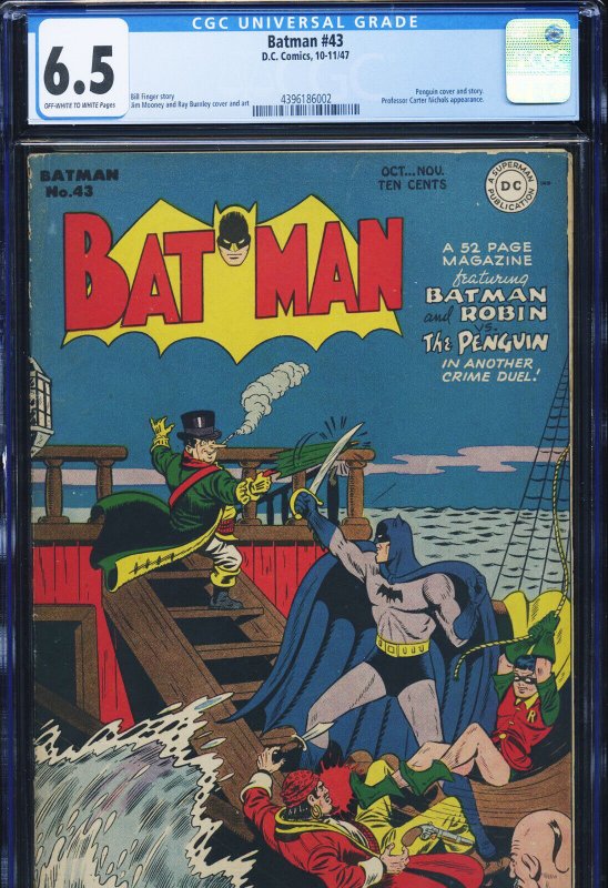 BATMAN #43- CGC-6.5, OW-W - Penguin vs Batman/Robin cover/story - Golden Age