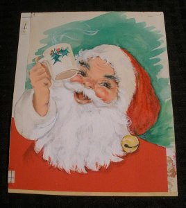 MERRY CHRISTMAS Santa Claus w/ Coffee Cup 6x7.25 Greeting Card Art #FF13