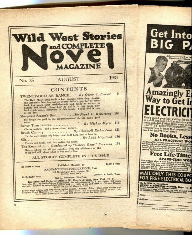 Wild West Stories & Complete Novel Pulp August 1931- coverless