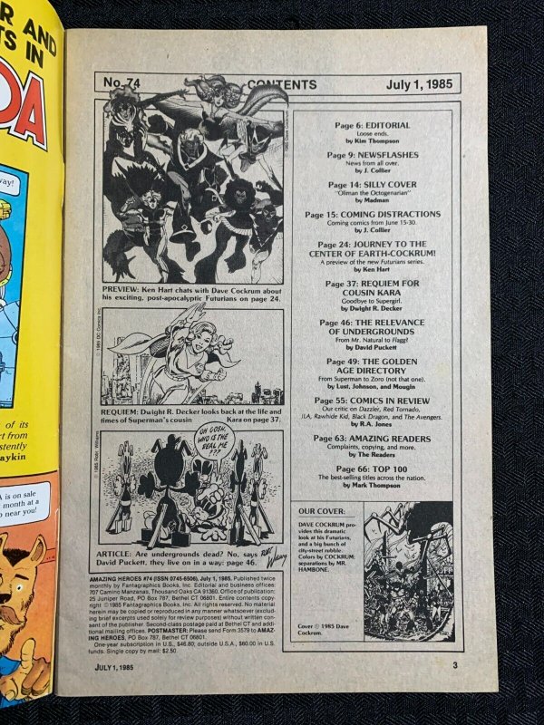 1985 AMAZING HEROES #74 FN 6.0 Dave Cockrum Futurians / Goodbye Supergirl