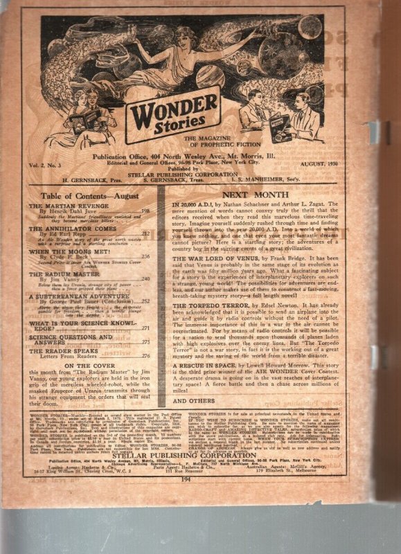 WONDER STORIES 1930 AUG-FUTURISTIC-BARGAIN-SCI FI PULP! FR