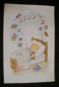 CHRISTMAS Cute Boy Dreaming of Santa & Toys 7.25x11 Greeting Card Art #X1030