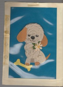 GET WELL SOON Yarn & Fabric Dog with Bone 6.5x9 Greeting Card Art #C1605
